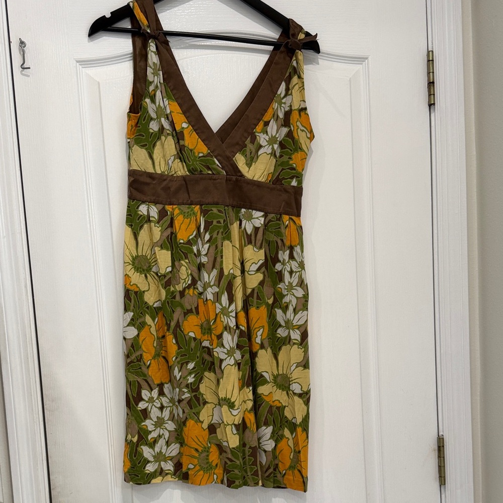 Tommy Bahama Green Brown Yellow Floral Tie-Shoulder Dress 100% Silk